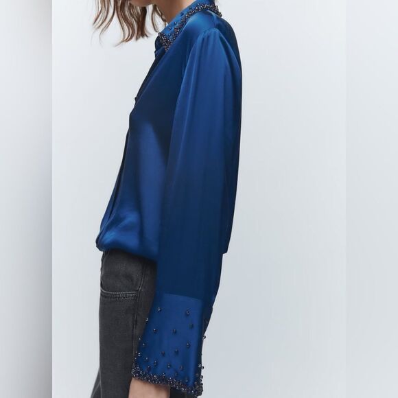 ZARA RHINESTONE SATIN EFFECT SHIRT - Picture 5 of 9